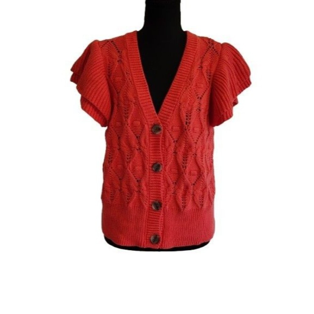 Marc New York Andrew Marc Coral Pink Flutter Sleeve Cable Knit Cardigan Sweater